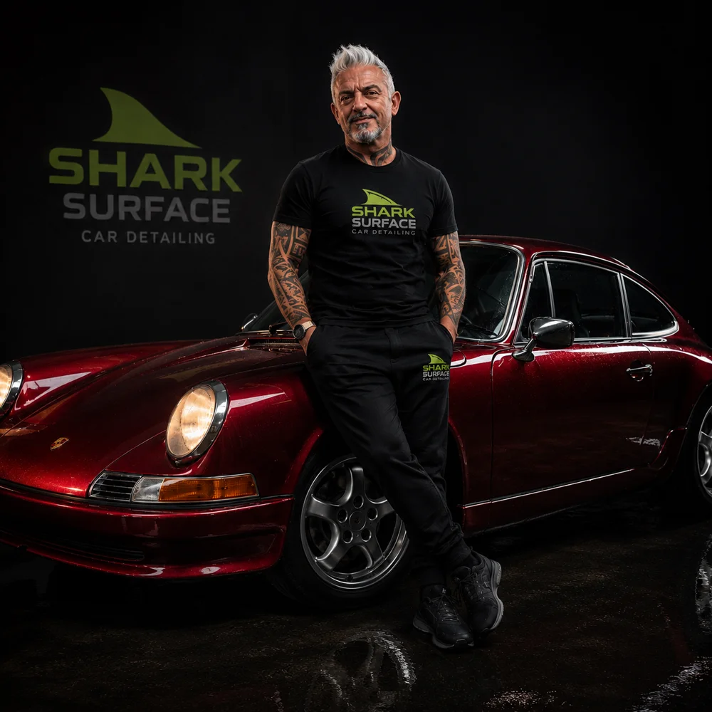 Der Gründer von Shark Surface in der Werkstatt